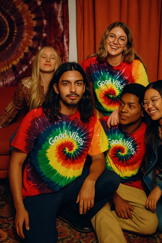 Group of friends wearing embroidered tie-dye oversized t-shirts with Good Vibes text sitting indoors