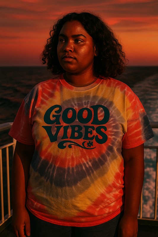 Printify good vibes summer tee tie-dye t-shirt with retro text worn by woman at sunset