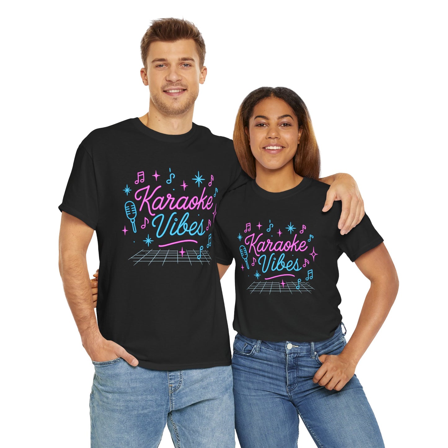 Couple wearing matching black karaoke vibes t-shirt with colorful music notes and microphone graphic