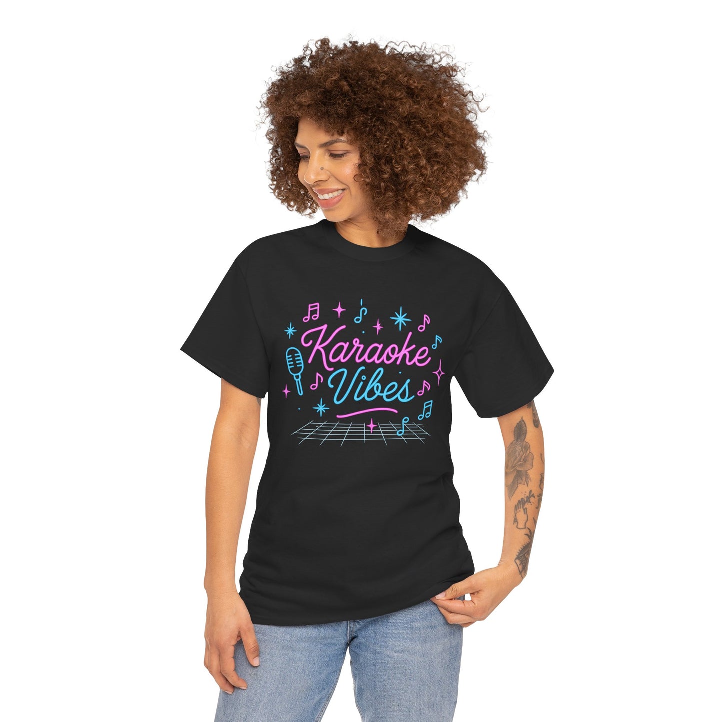 Black karaoke vibes t-shirt with colorful music notes and microphone graphic worn by smiling woman