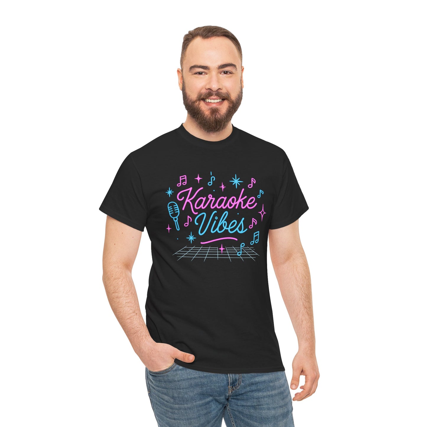 Man wearing black Printify karaoke vibes t-shirt with colorful microphone and music notes design