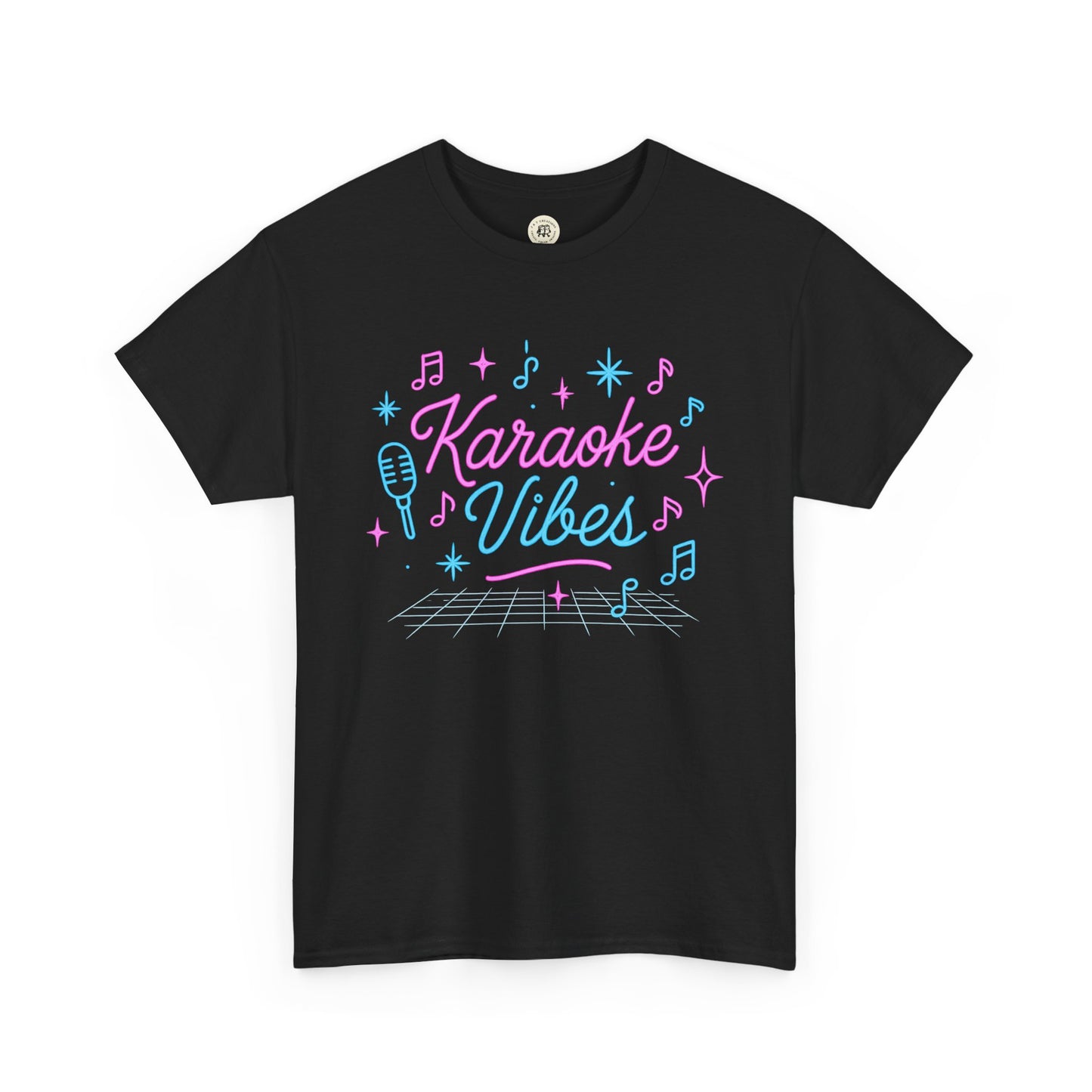 Black Printify karaoke vibes t-shirt with colorful neon microphone and musical notes design