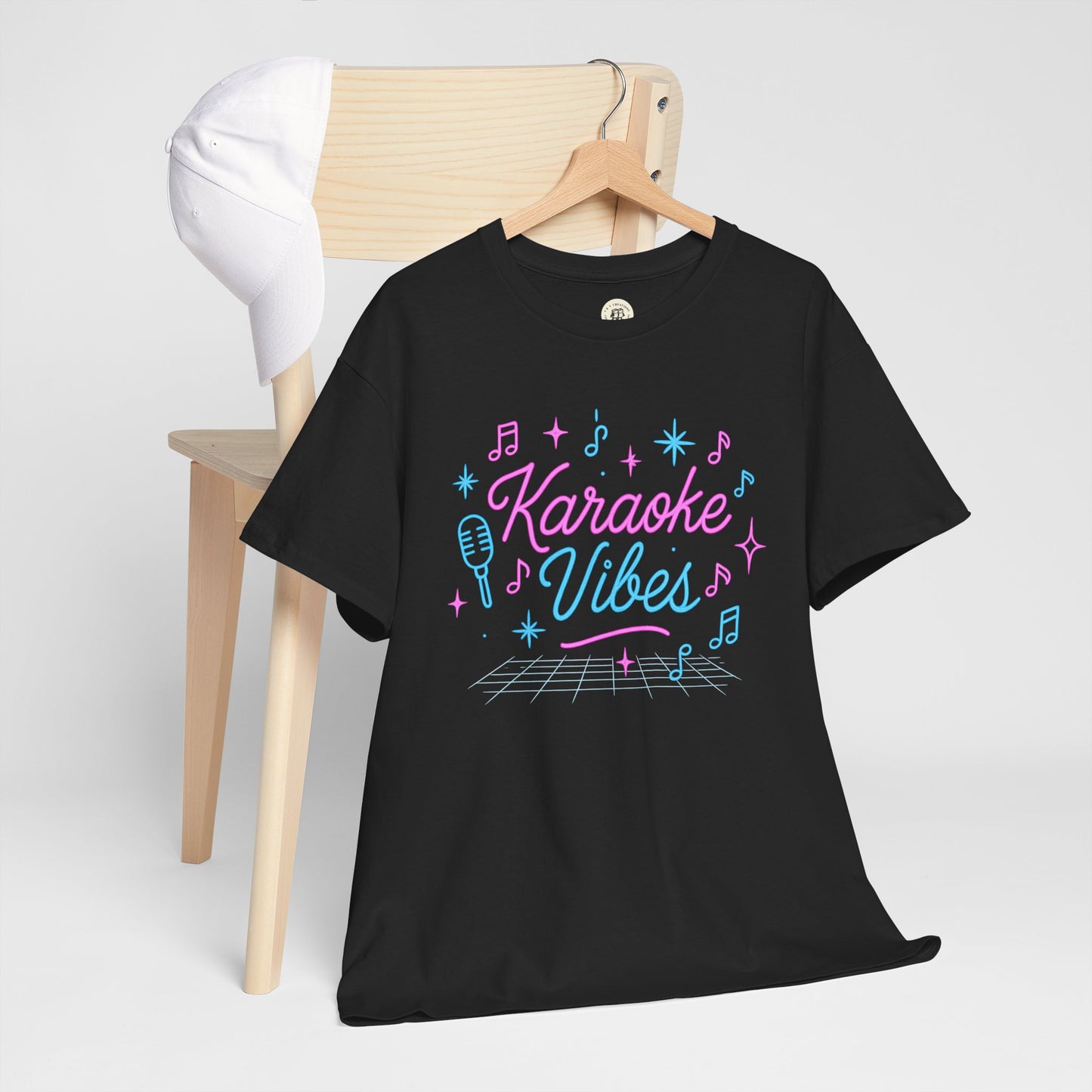Black karaoke vibes t-shirt with colorful music notes and microphone graphic by Printify