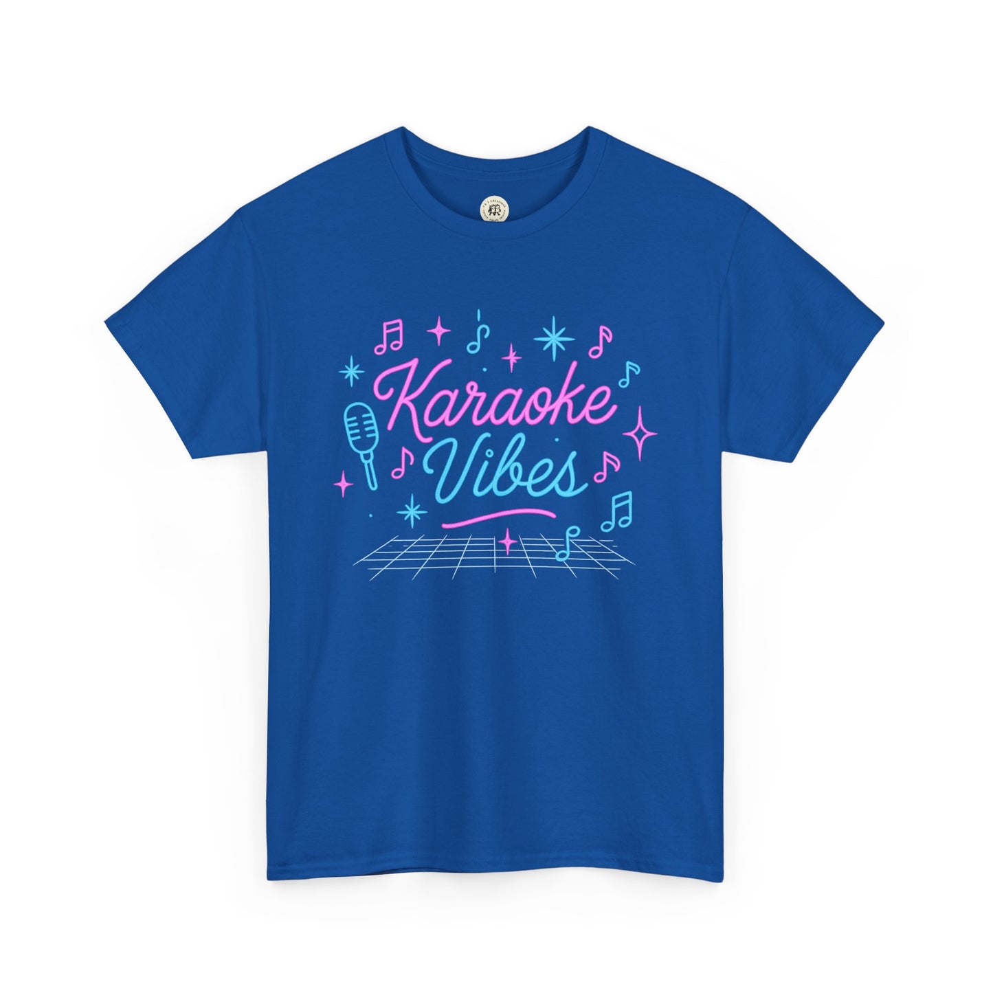 Blue Printify karaoke vibes t-shirt with colorful music notes and microphone graphic design
