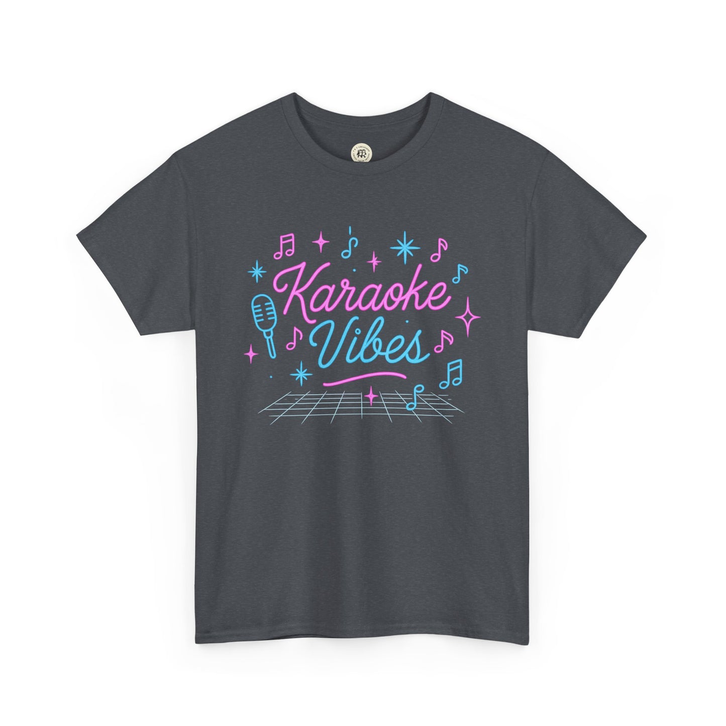 Dark gray Printify t-shirt with colorful karaoke vibes t-shirt design featuring microphone and music notes