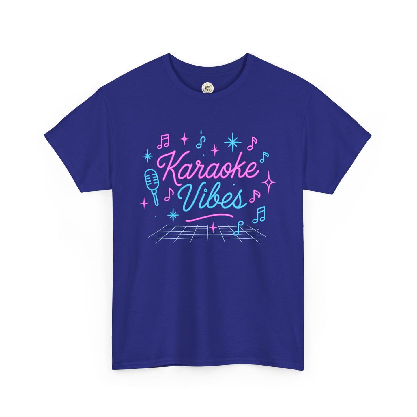 Printify blue karaoke vibes t-shirt with retro microphone and musical notes graphic