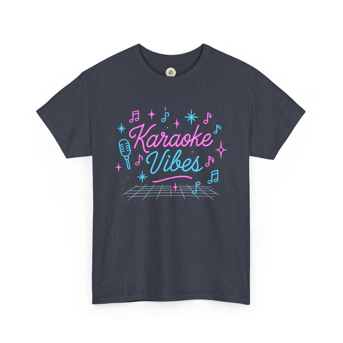 Dark gray karaoke vibes t-shirt with neon pink and blue music notes and microphone graphic