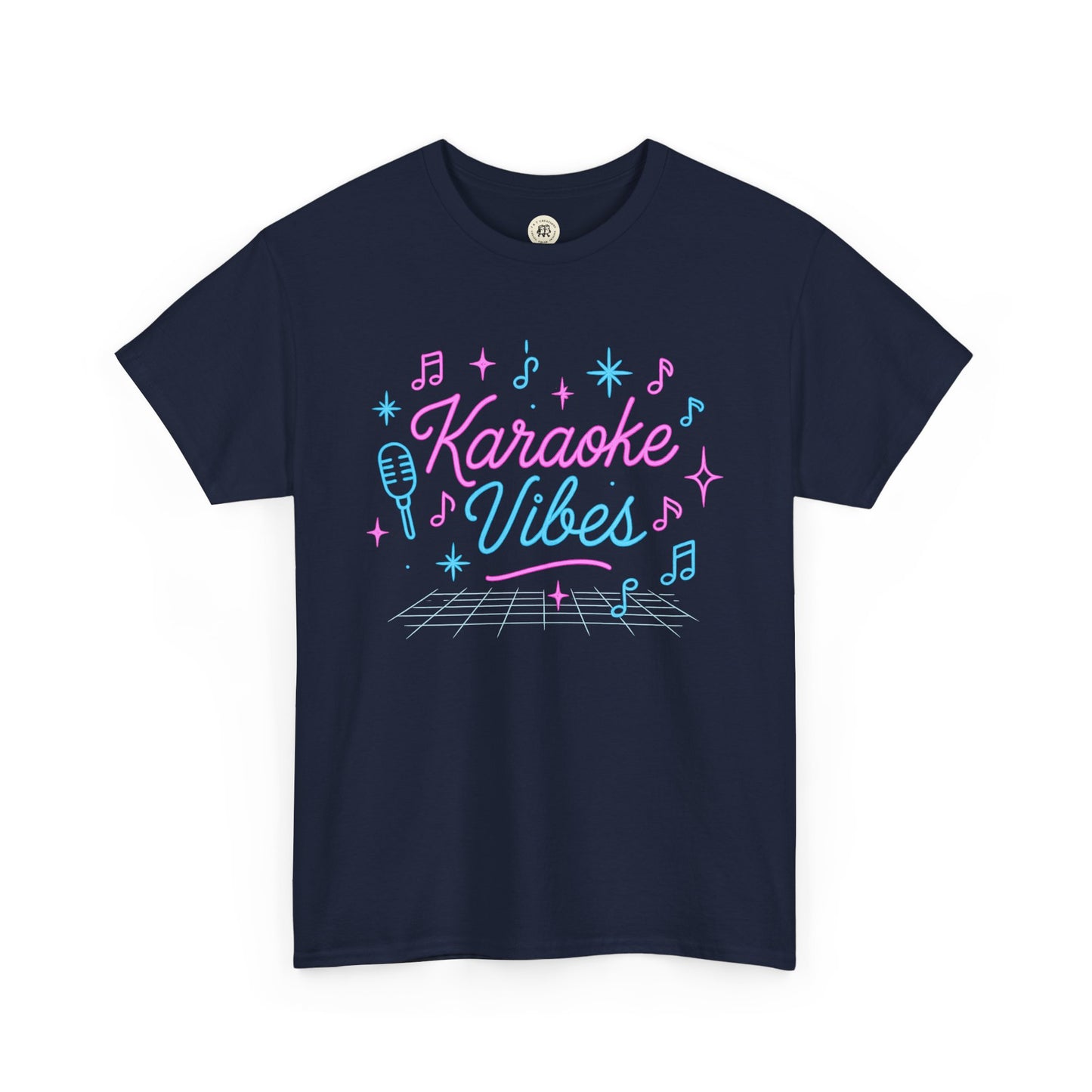 Navy Printify karaoke vibes t-shirt with colorful music notes and retro microphone design
