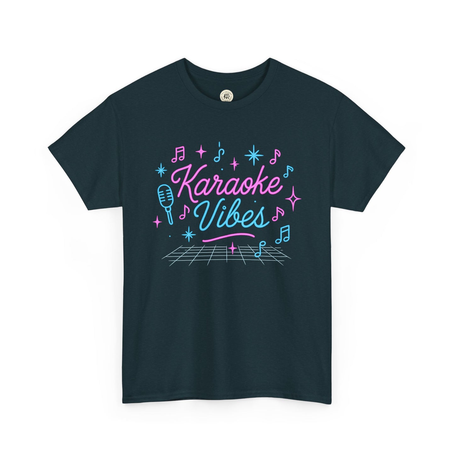 Black Printify karaoke vibes t-shirt with pink and blue music notes and microphone design