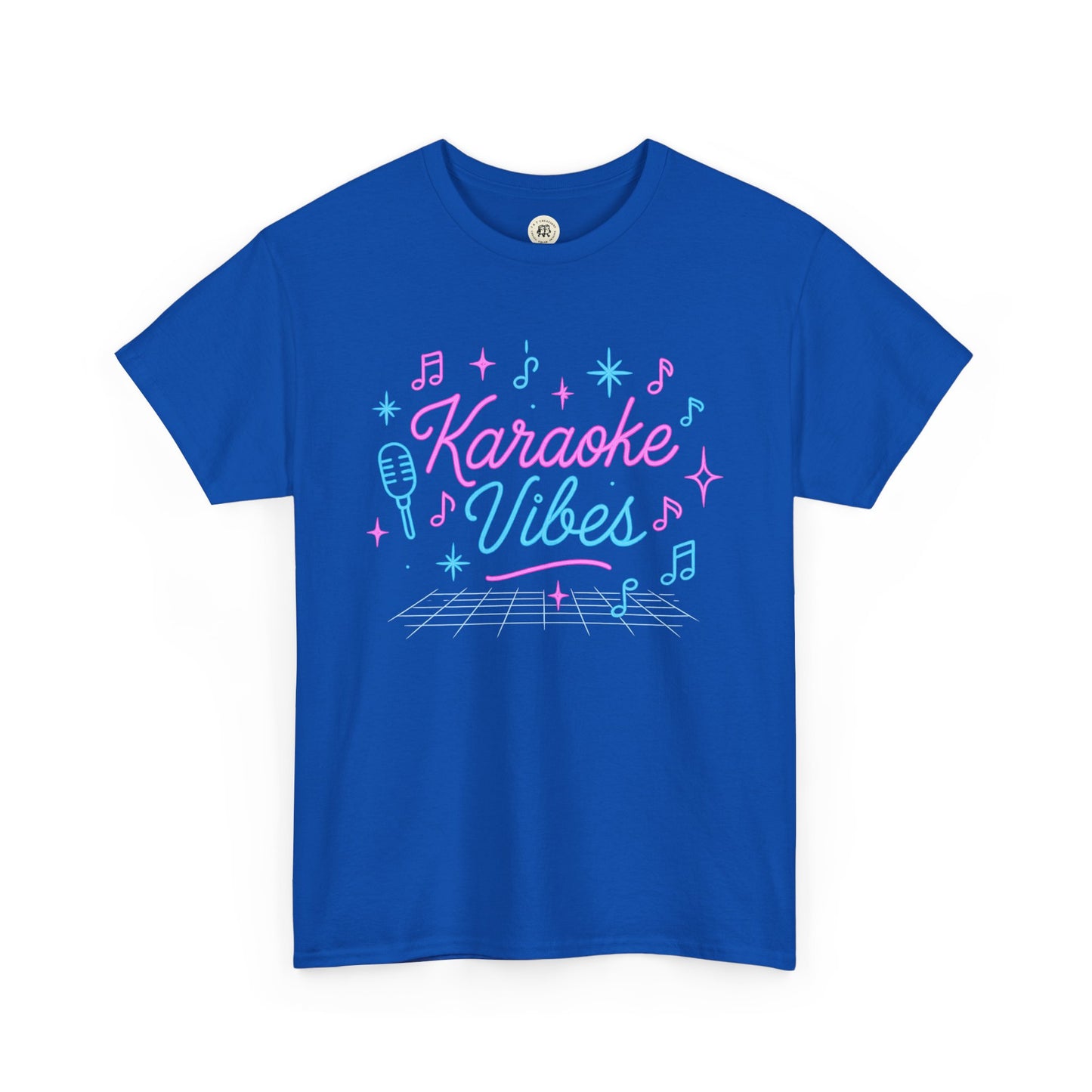 Blue Printify karaoke vibes t-shirt with colorful musical notes and microphone graphic