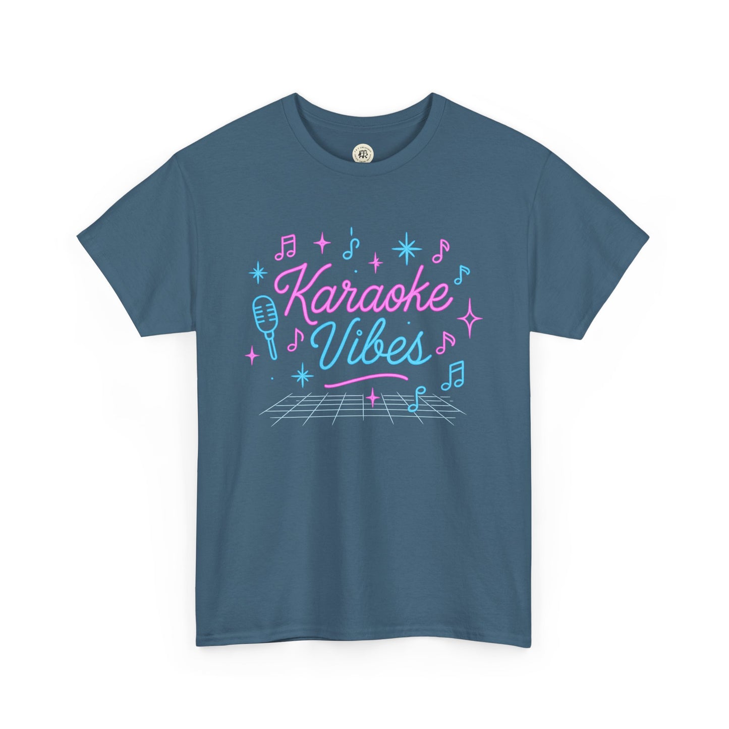 Blue Printify karaoke vibes t-shirt with colorful music notes and microphone graphic
