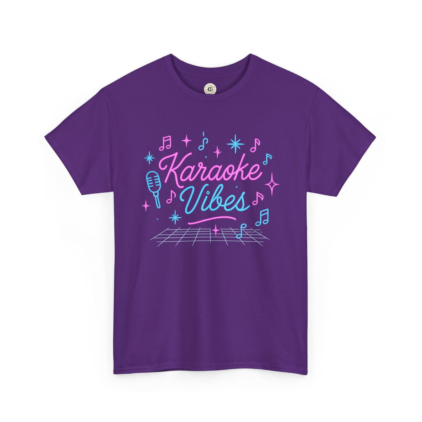 Purple Printify karaoke vibes t-shirt with retro microphone and musical notes design