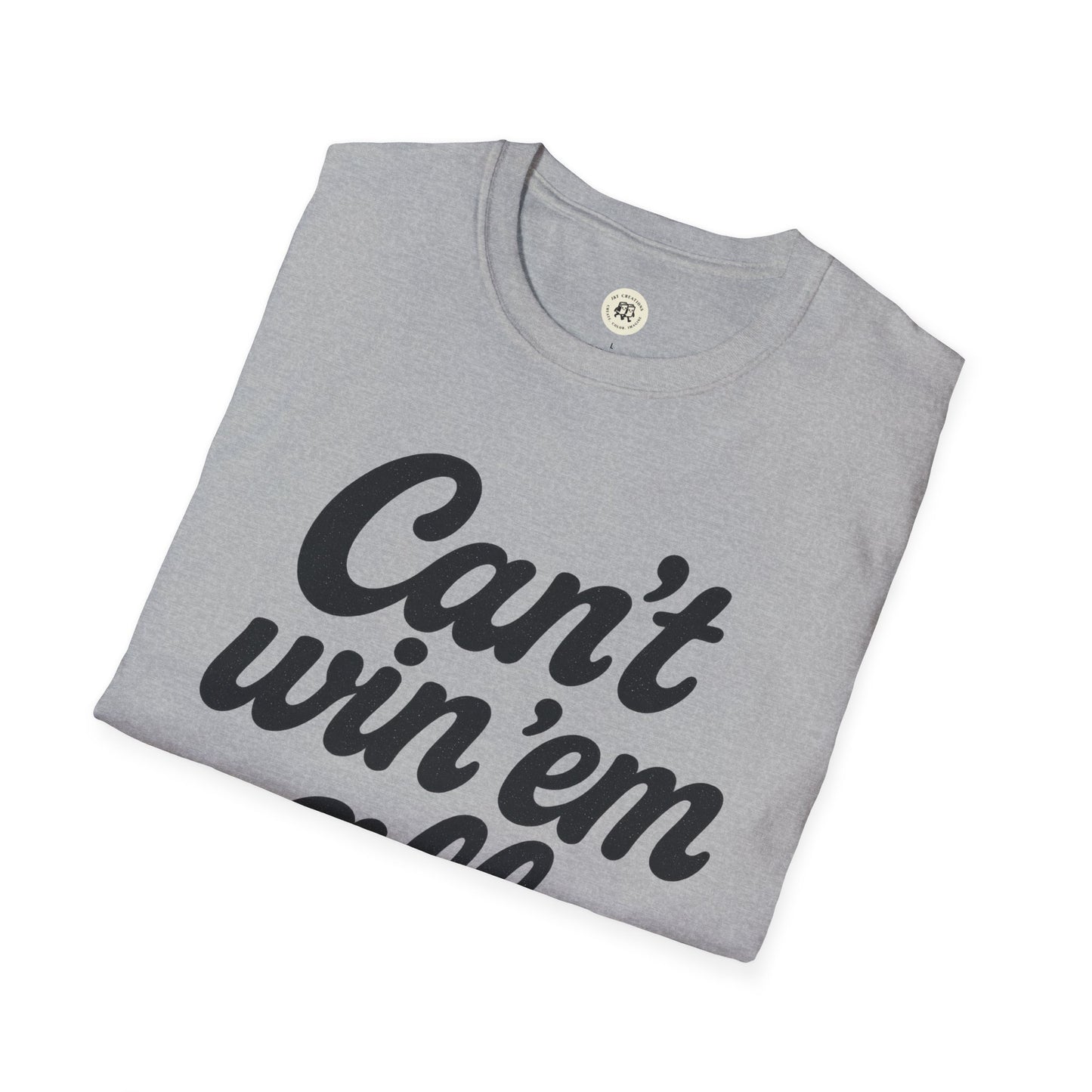 Folded gray Printify t-shirt with bold black text saying can't win em all graphic tee