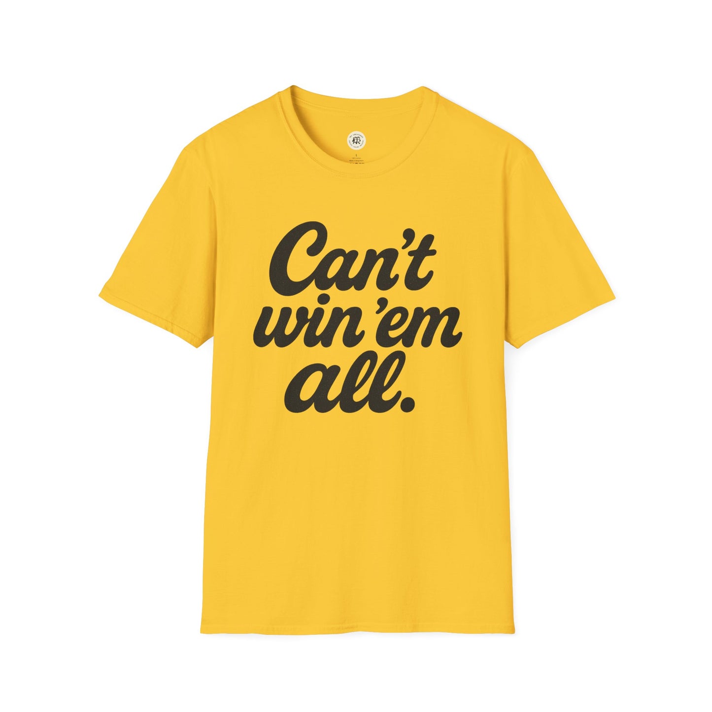 Yellow Printify T-shirt with bold black text Can't win em all graphic tee in casual style