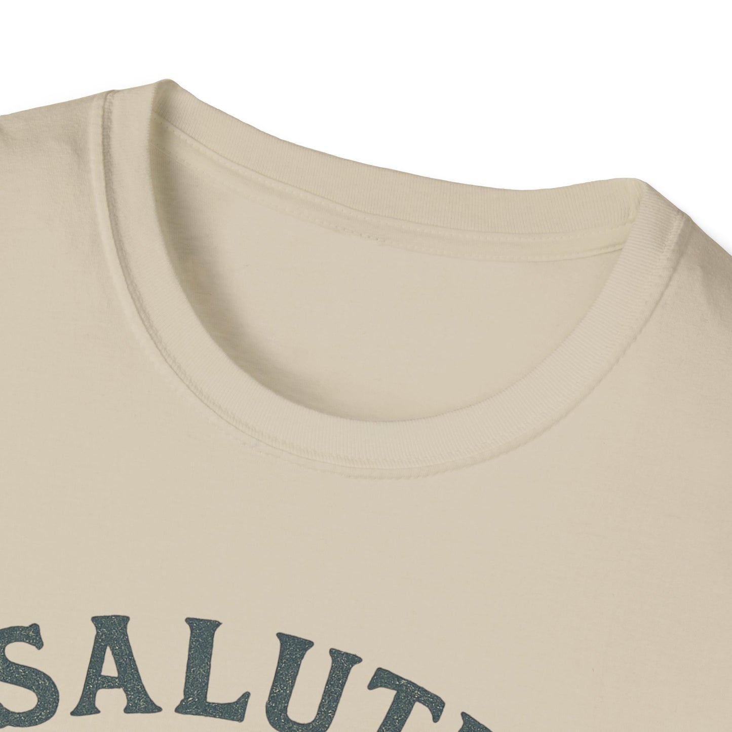 Close-up of Printify Cape Cod sailboat t-shirt cream fabric and neckline with partial blue print