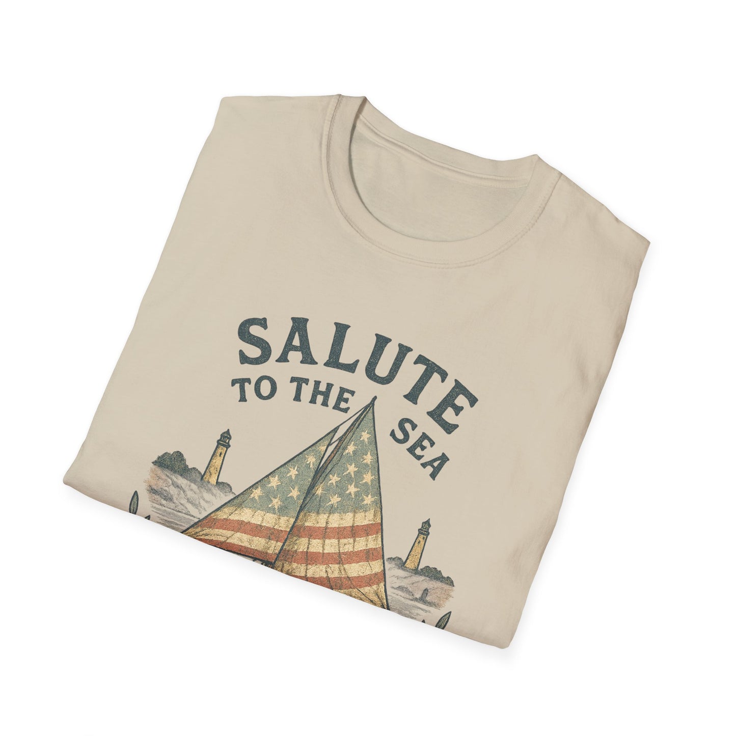 Printify beige Cape Cod sailboat t-shirt with vintage American flag sail and lighthouse design