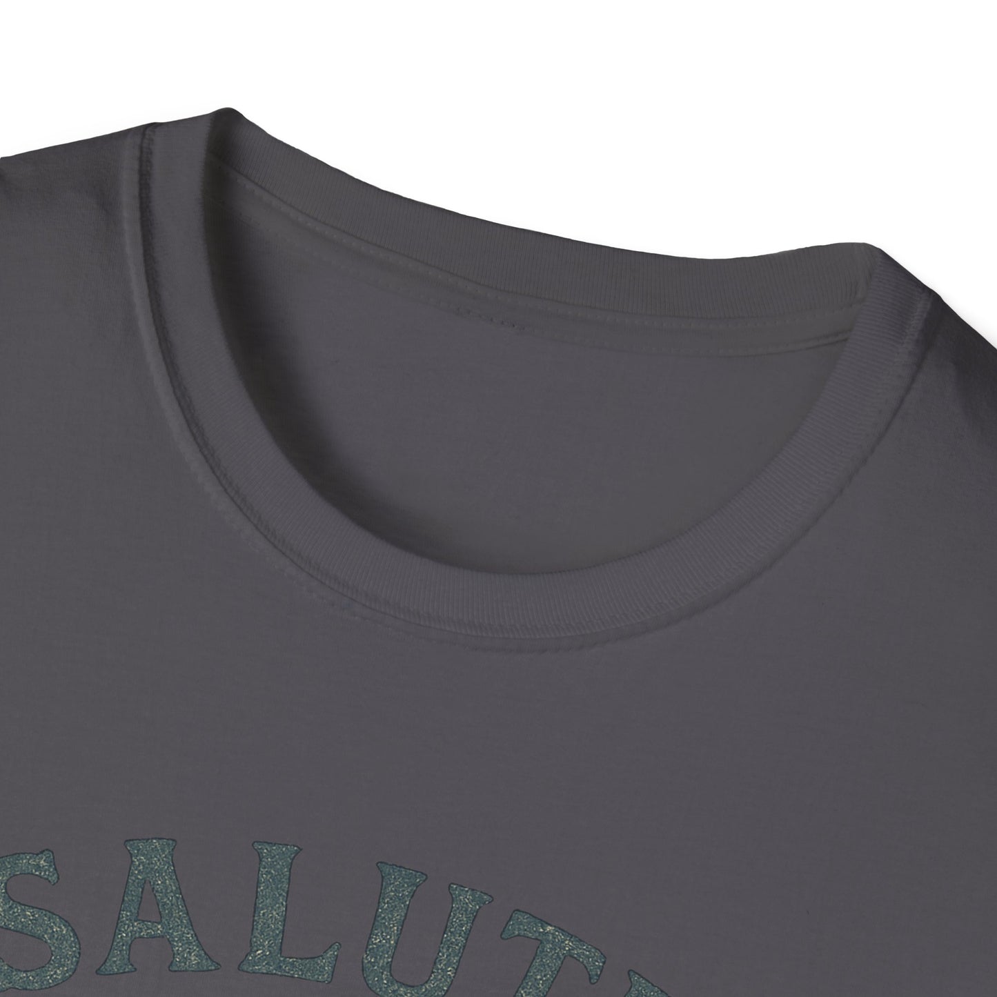 Close-up of dark gray Cape Cod sailboat t-shirt with detailed round neckline and textured print