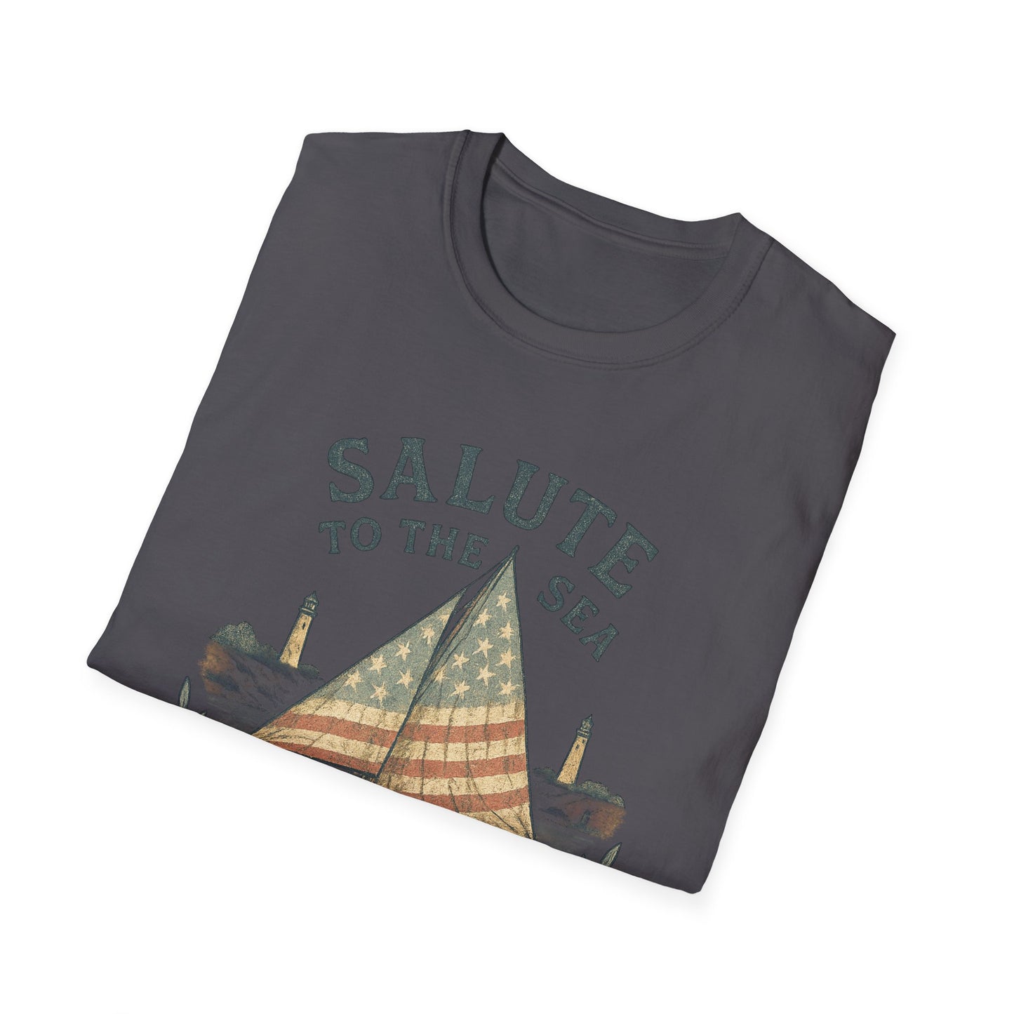 Printify black Cape Cod sailboat t-shirt with vintage American flag sail and lighthouse design