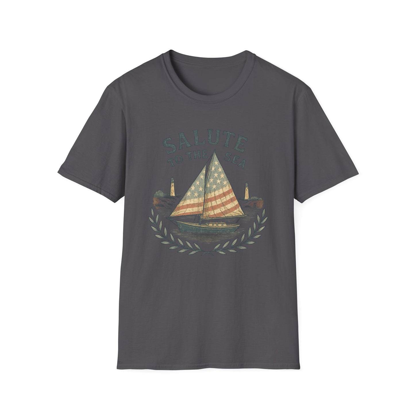Printify Cape Cod sailboat t-shirt with vintage sailboat and lighthouse design on dark gray fabric