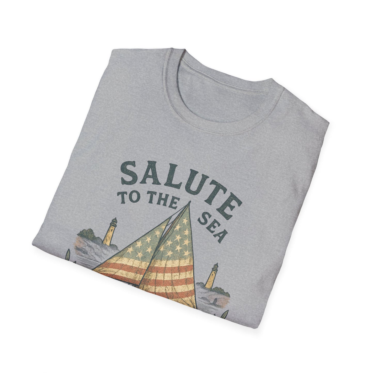 Folded gray Printify Cape Cod sailboat t-shirt with patriotic sail and lighthouse design
