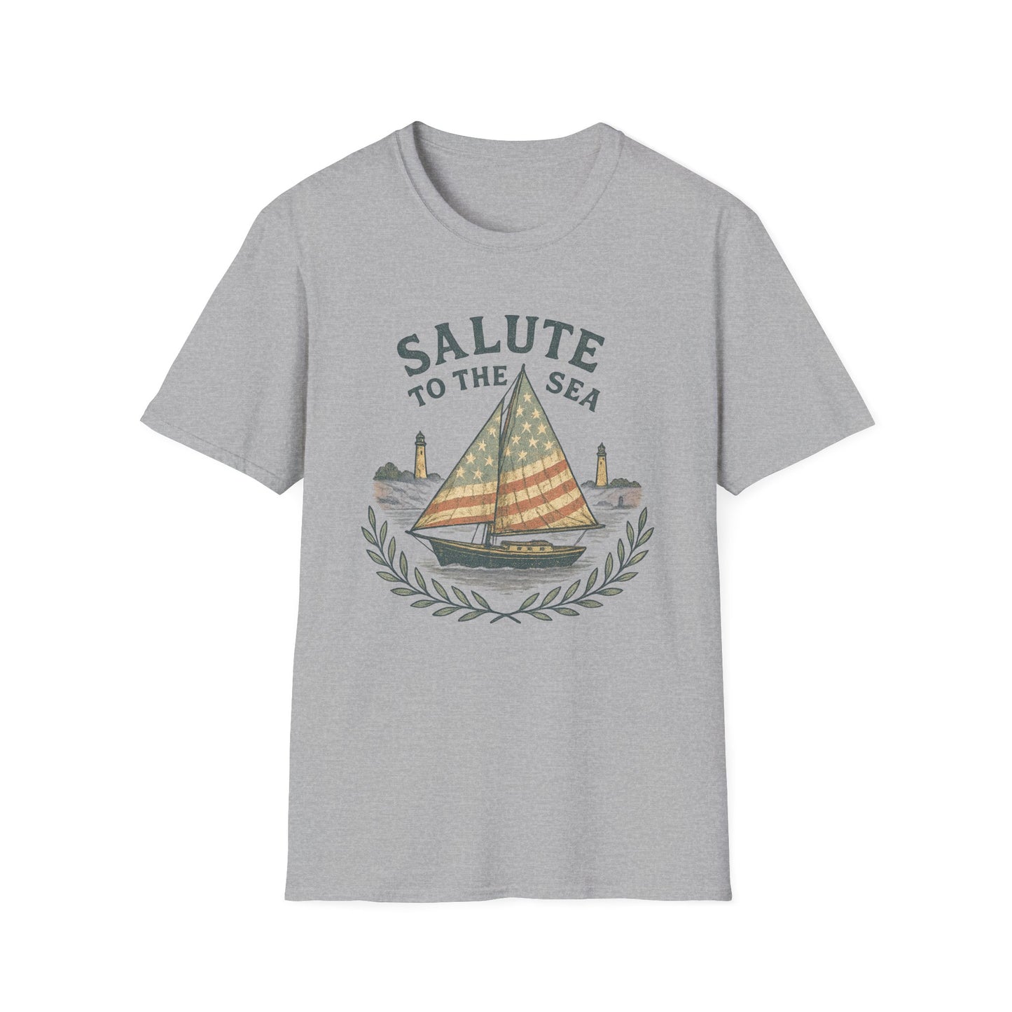 Gray Printify Cape Cod sailboat t-shirt with nautical sailboat and lighthouse design