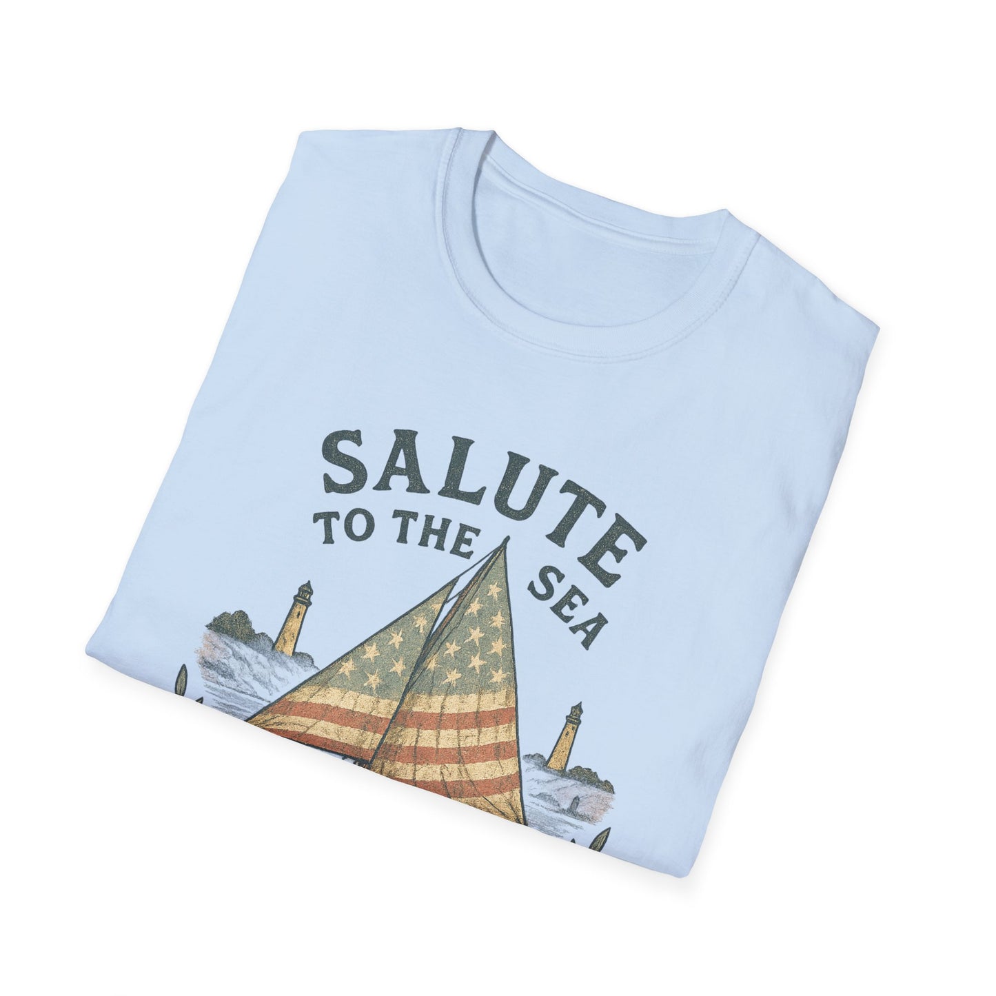 Light blue Cape Cod sailboat t-shirt with patriotic sail and Salute to the Sea design