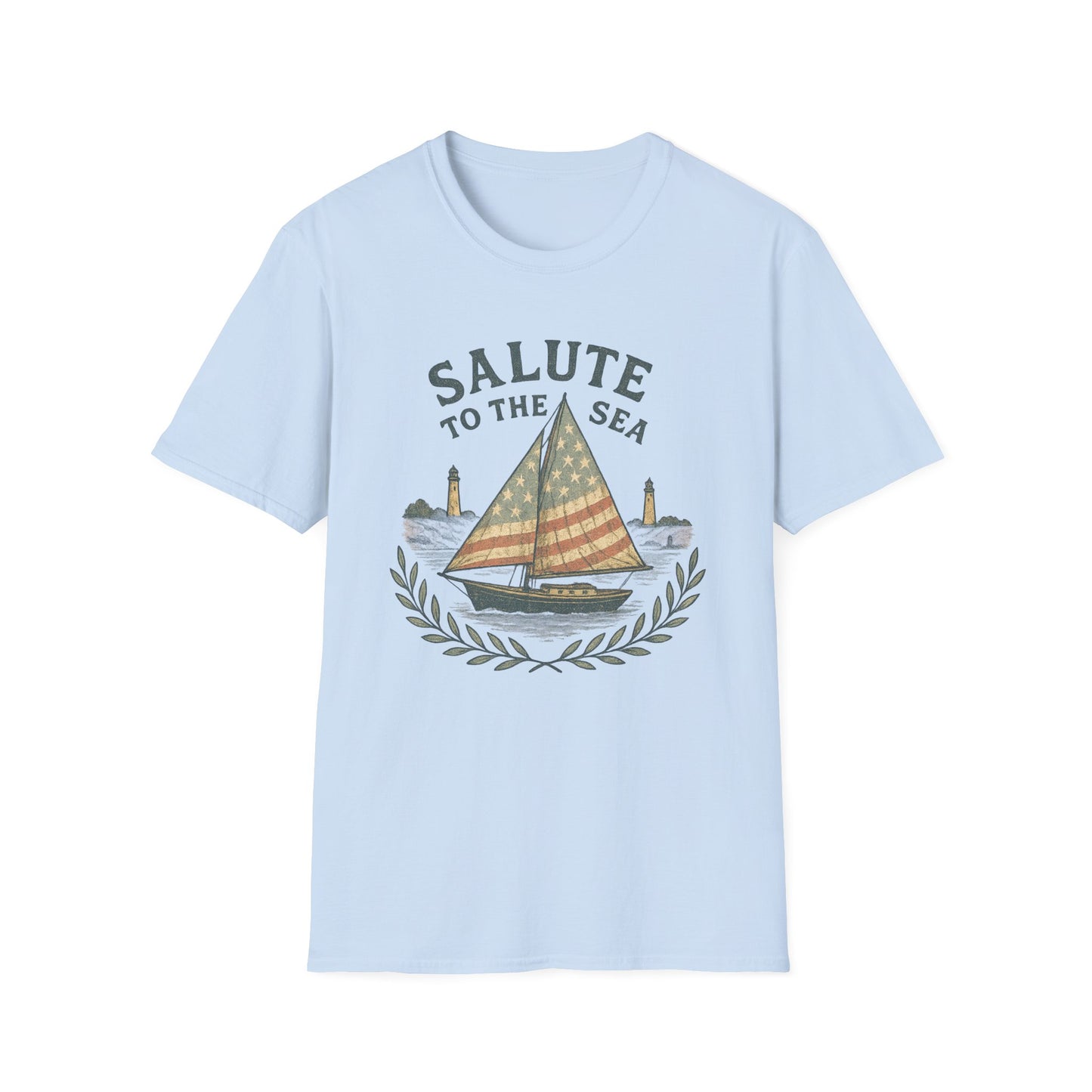 Light blue Cape Cod sailboat t-shirt with American flag sail and lighthouses design