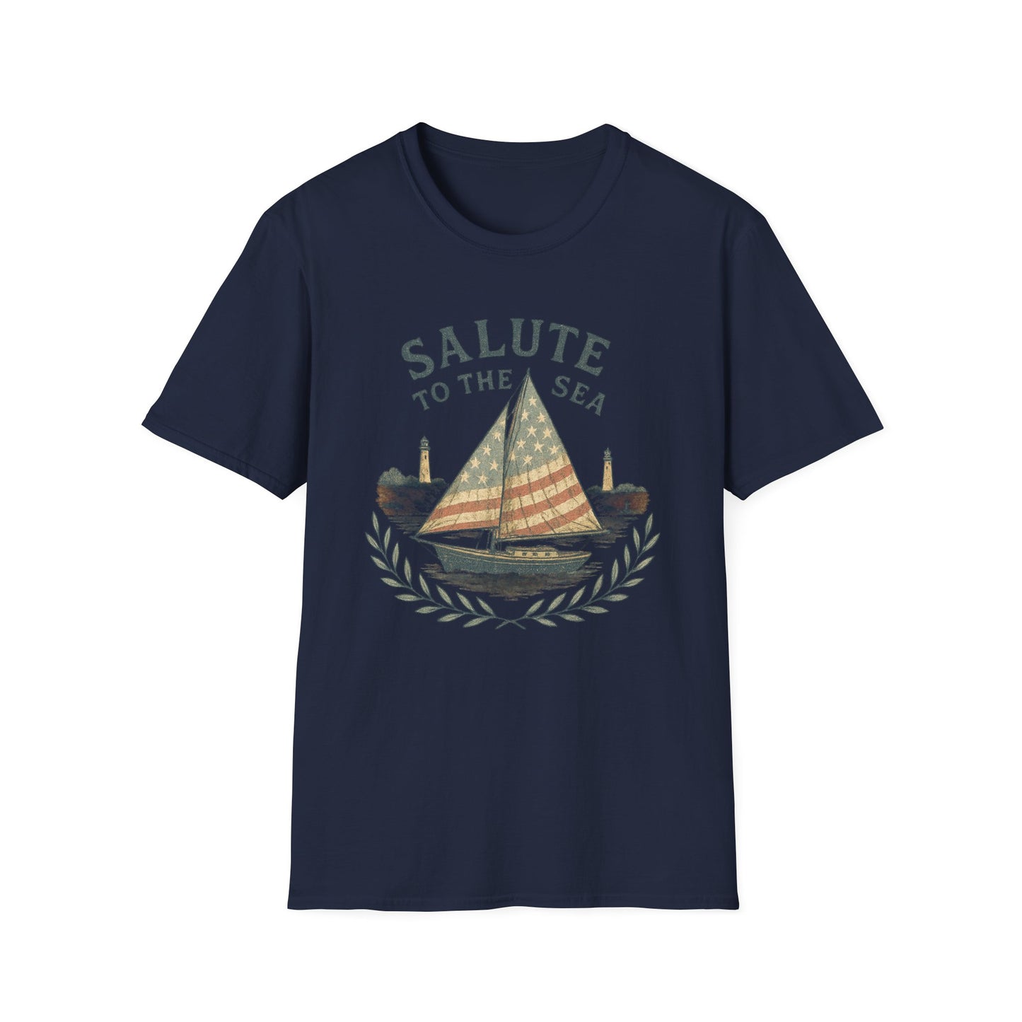 Navy Printify Cape Cod sailboat t-shirt with vintage sailboat and lighthouse design