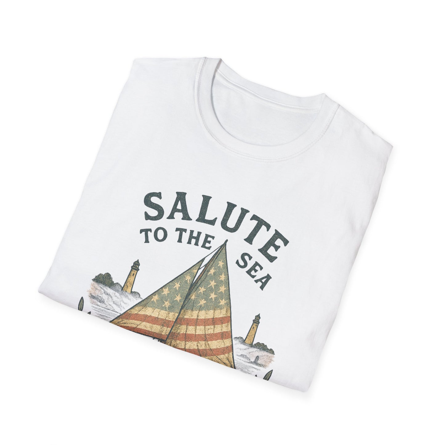 White Printify Cape Cod sailboat t-shirt featuring vintage sailboat with American flag design