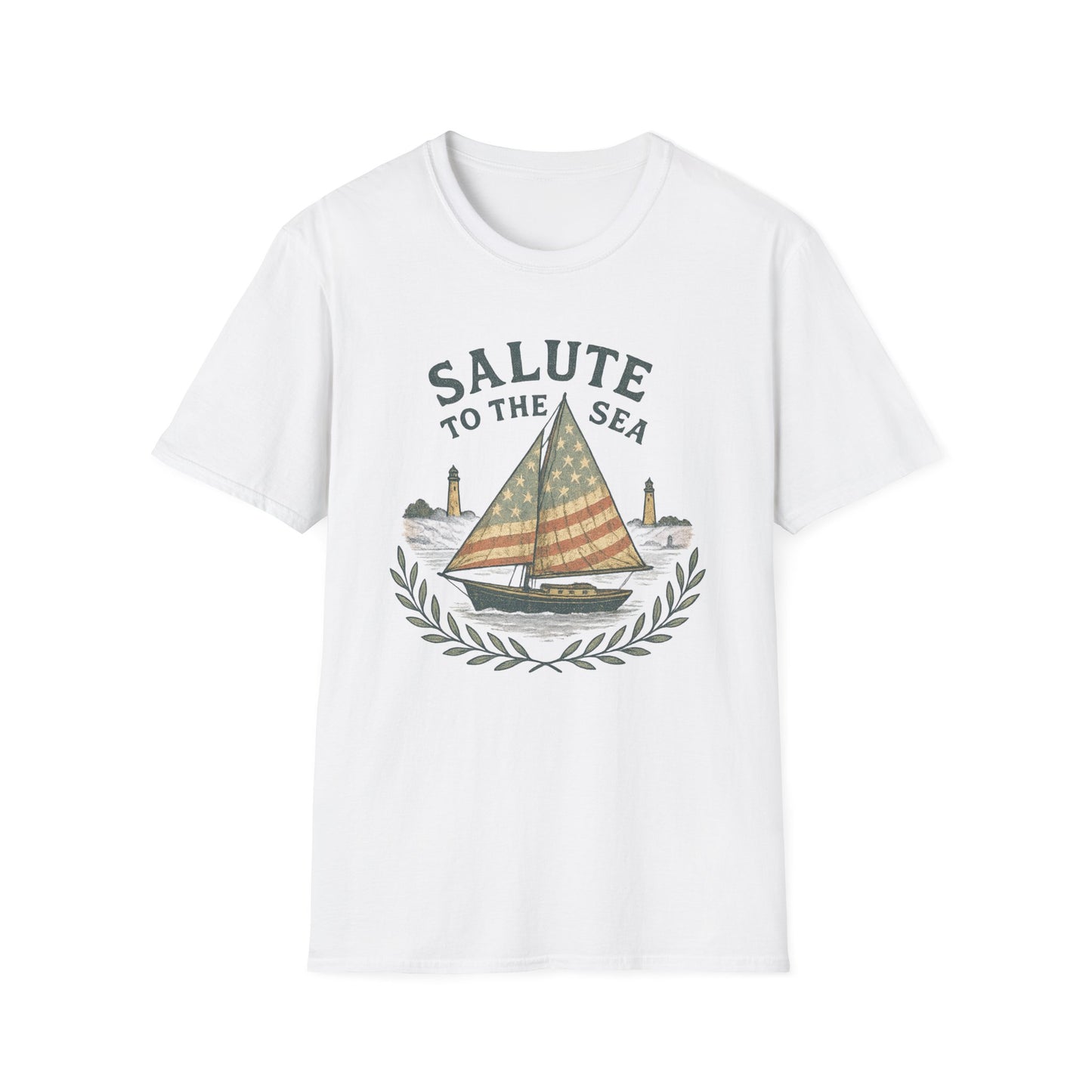 White Printify T-shirt featuring a Cape Cod sailboat t-shirt design with patriotic sail and lighthouses