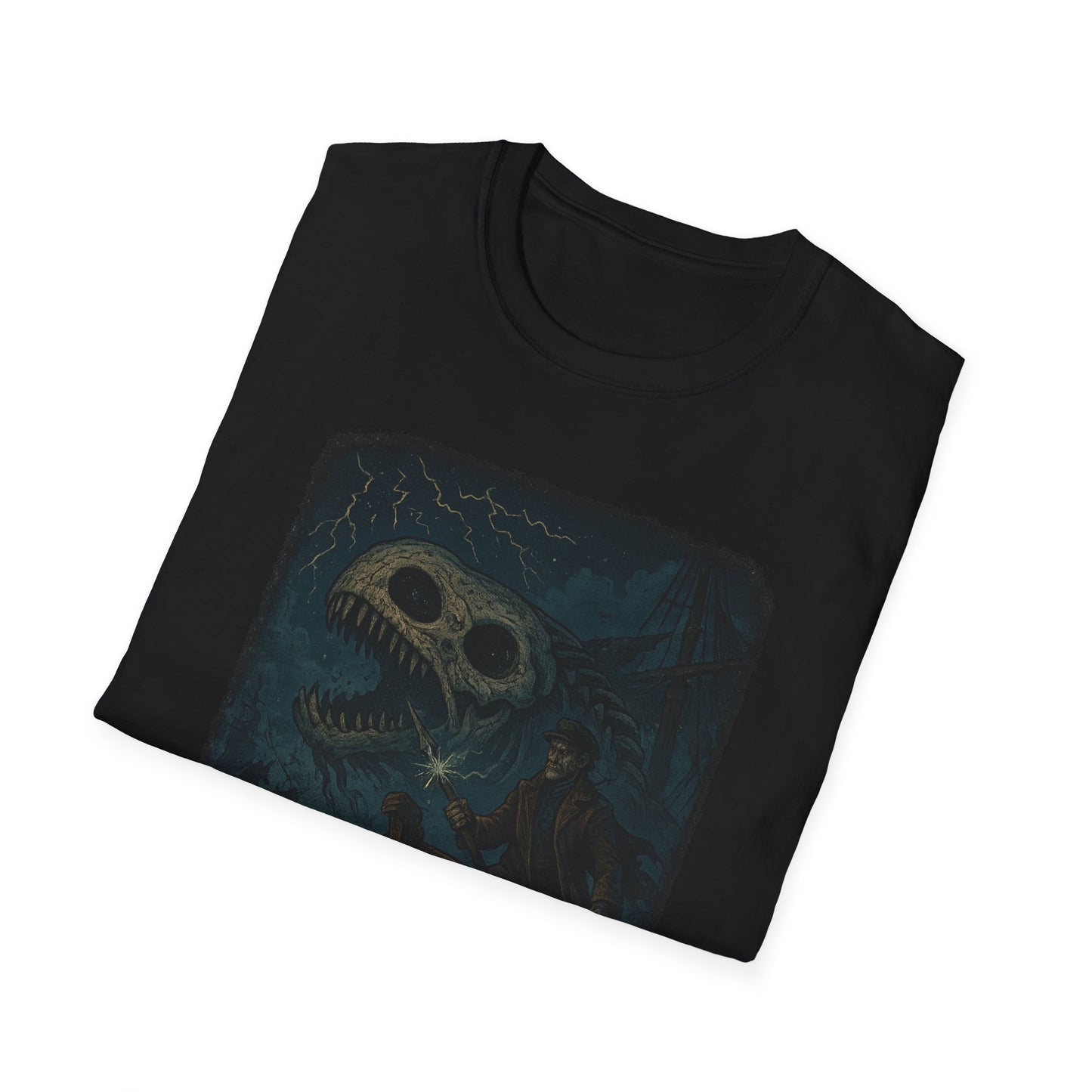 Black Captain Ahab bone whale tee with graphic of man and whale skeleton design on front