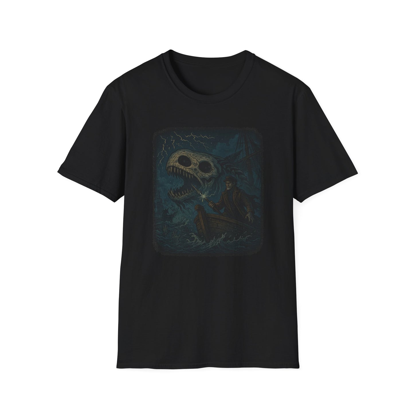 Black Printify T-Shirt featuring Captain Ahab bone whale tee graphic with stormy sea and skull whale design