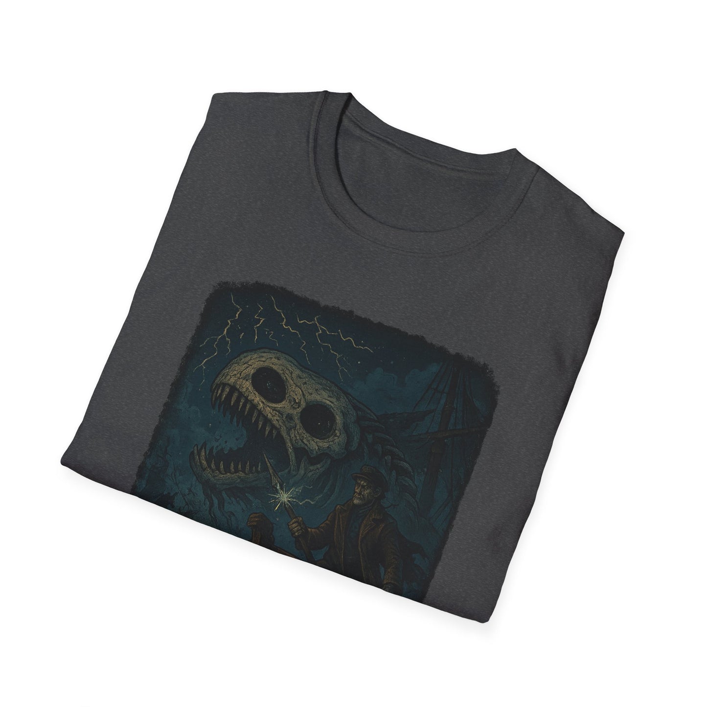 Printify black T-shirt featuring Captain Ahab bone whale tee with dark stormy sea and whale skull design
