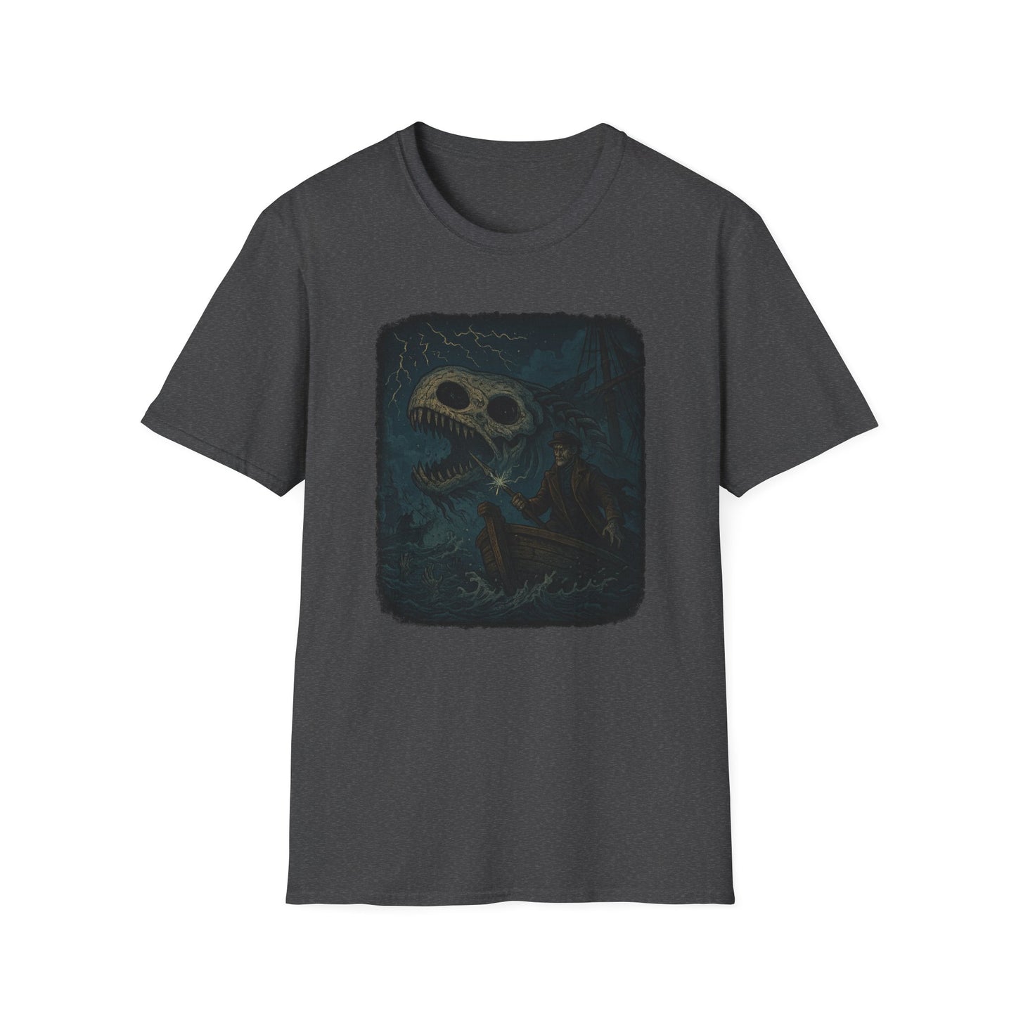 Printify Captain Ahab bone whale tee in dark gray featuring a graphic of Captain Ahab in a boat with a giant whale skeleton