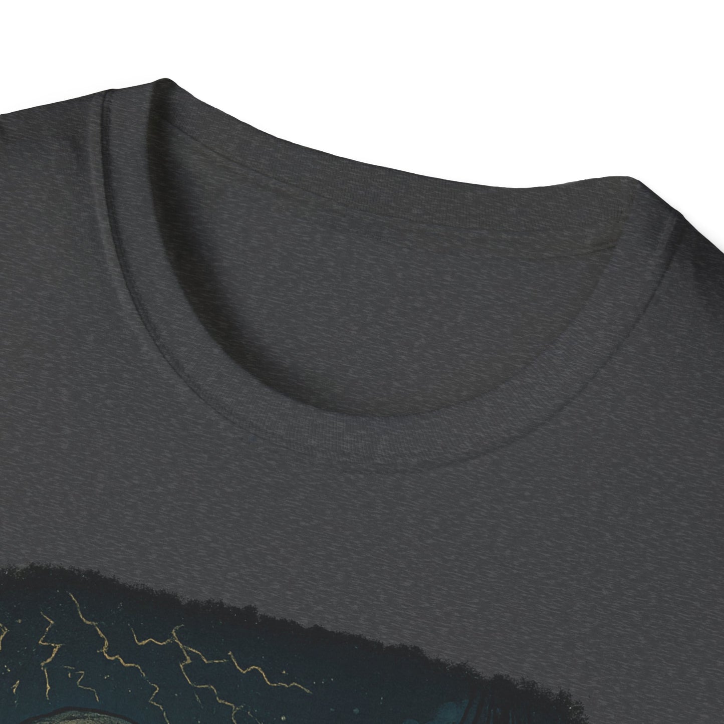Close-up of dark gray Printify t-shirt collar showcasing Captain Ahab bone whale tee design