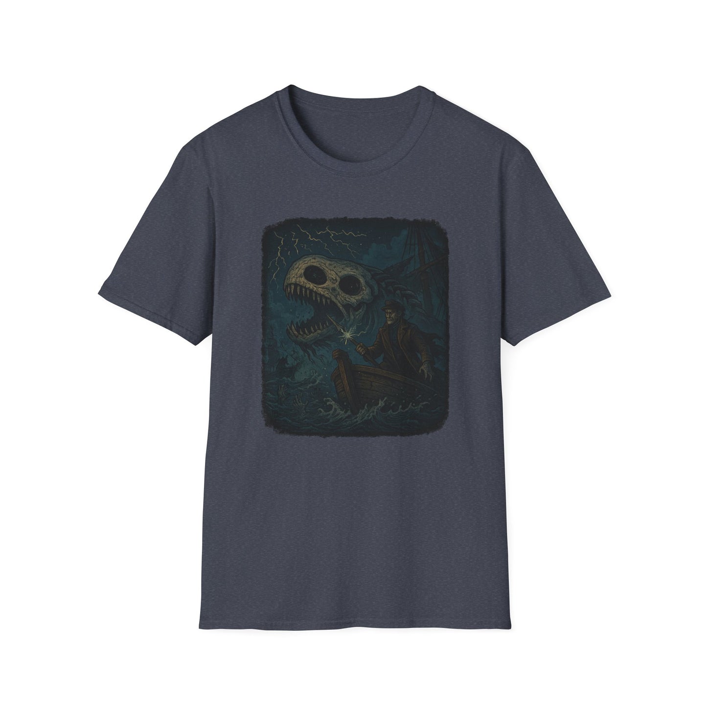 Captain Ahab bone whale tee from Printify featuring dark nautical design with Captain Ahab and whale skeleton
