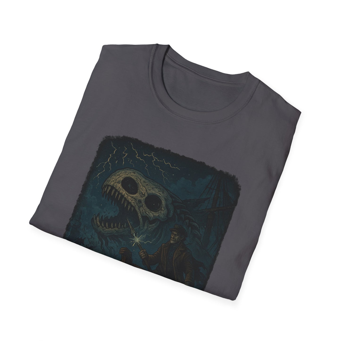 Printify Captain Ahab bone whale tee with dark graphic of whale skull and captain in stormy sea