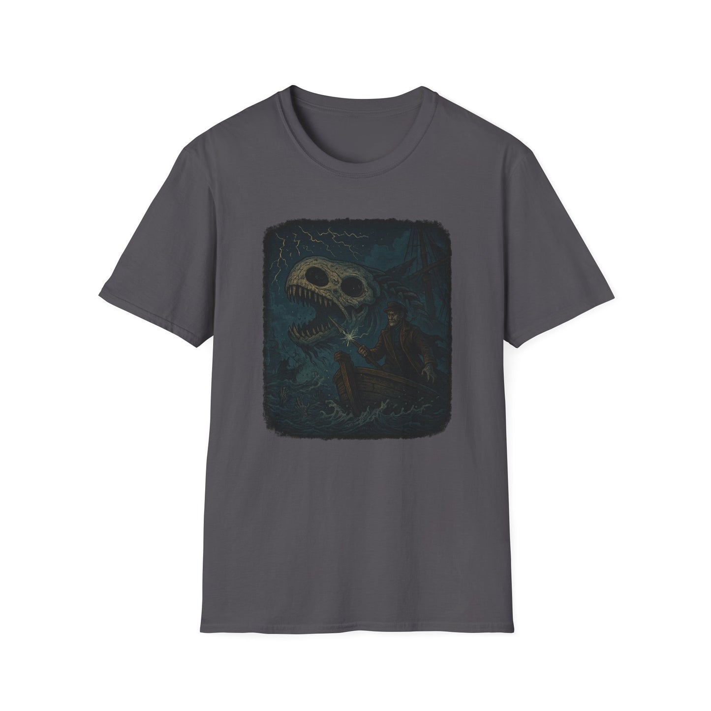 Captain Ahab bone whale tee by Printify featuring dark graphic of Captain Ahab in a boat with a whale skeleton