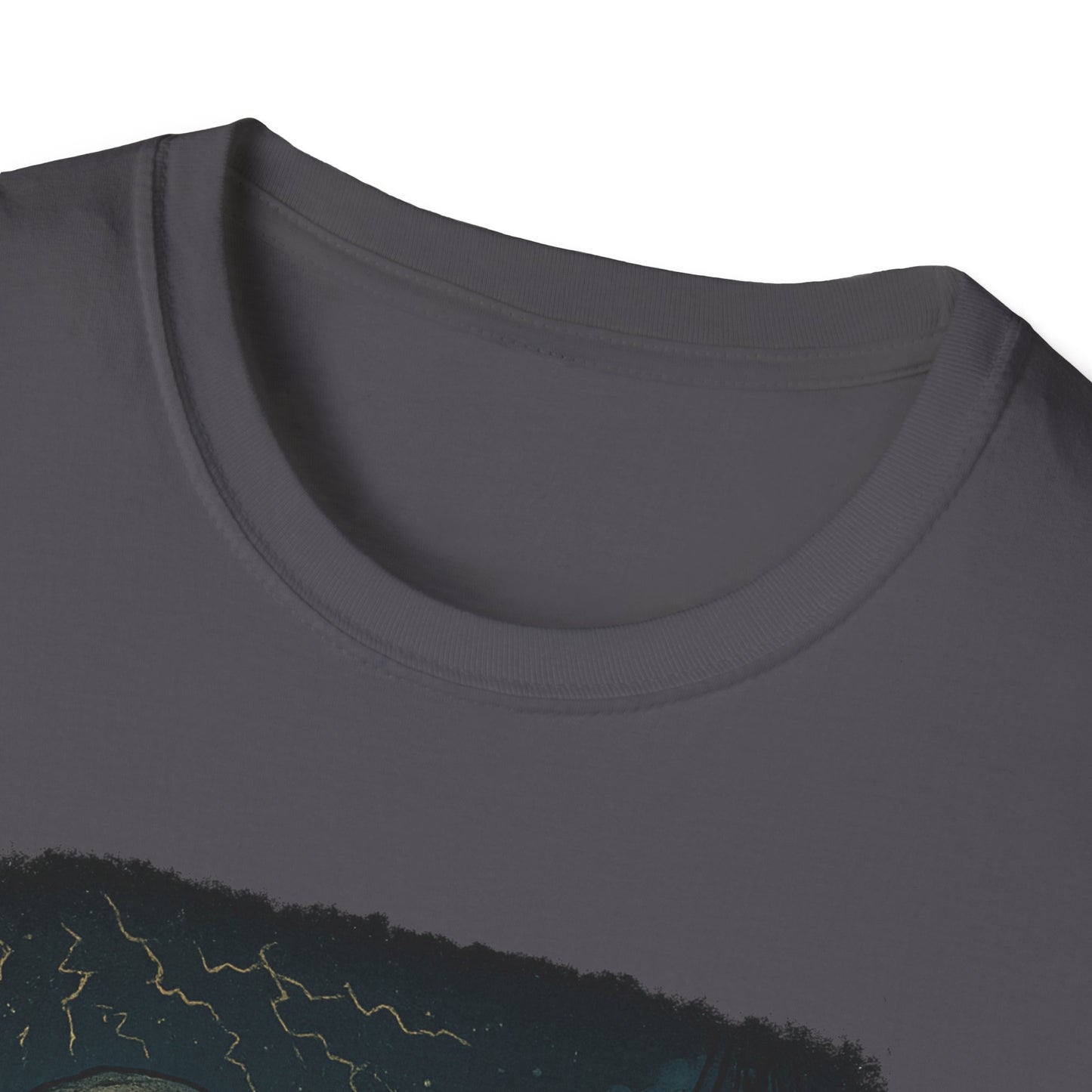 Printify charcoal Crew Neck T-Shirt featuring Captain Ahab bone whale tee design with artistic whale imagery
