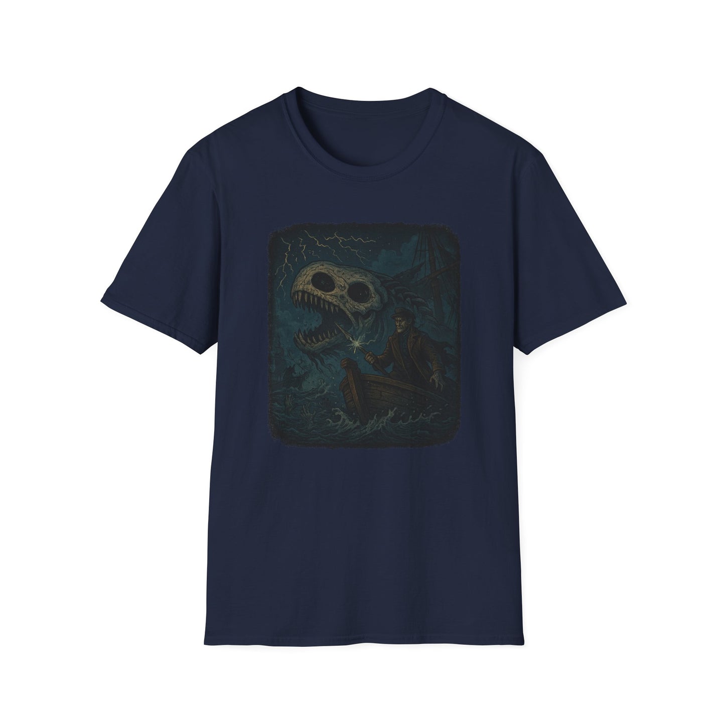 Navy Printify T-Shirt featuring Captain Ahab bone whale tee design with stormy sea and skeletal whale