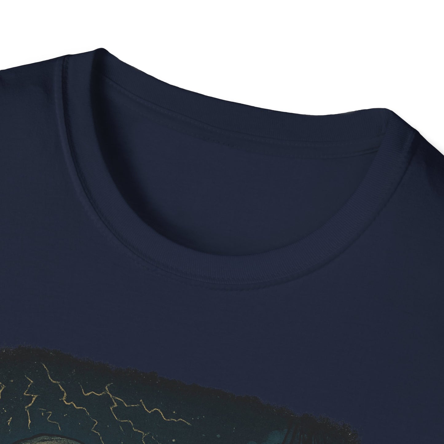 Close-up of navy Printify t-shirt collar featuring Captain Ahab bone whale tee design