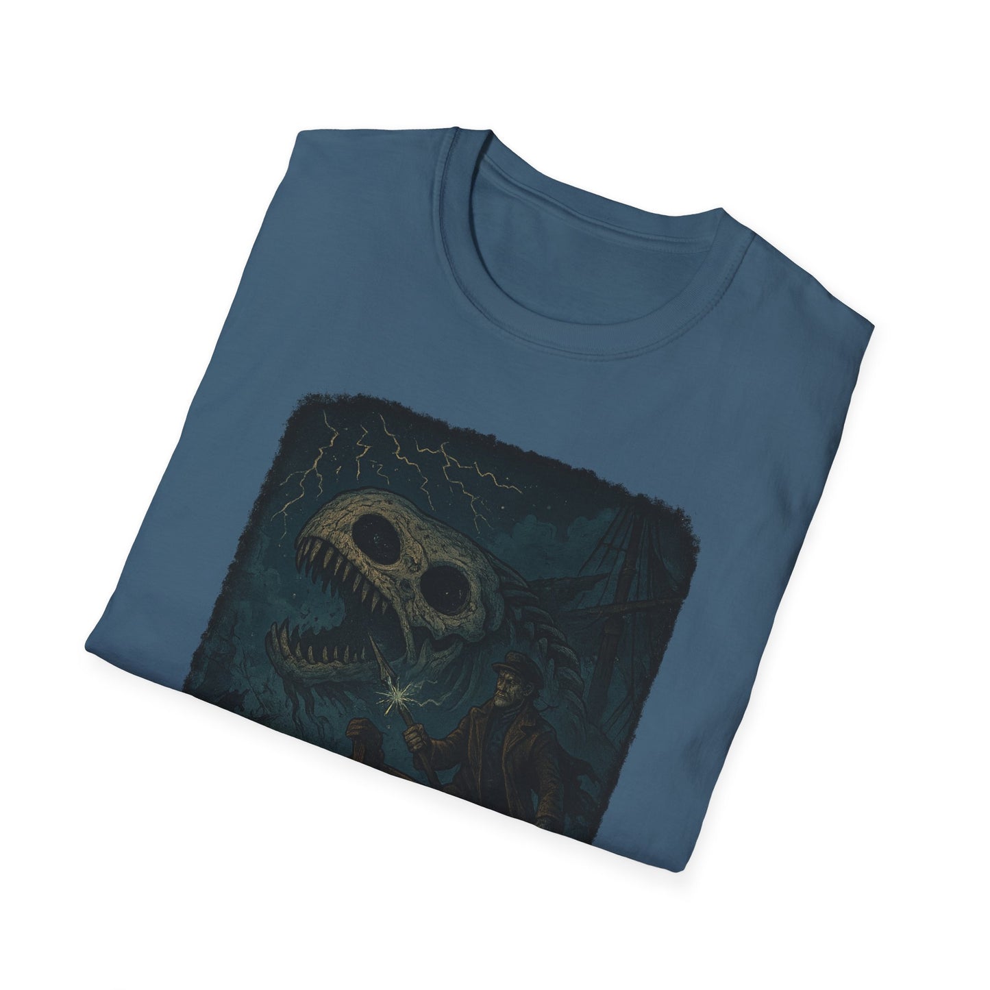 Printify blue Captain Ahab bone whale tee featuring a dramatic skull whale design with stormy background