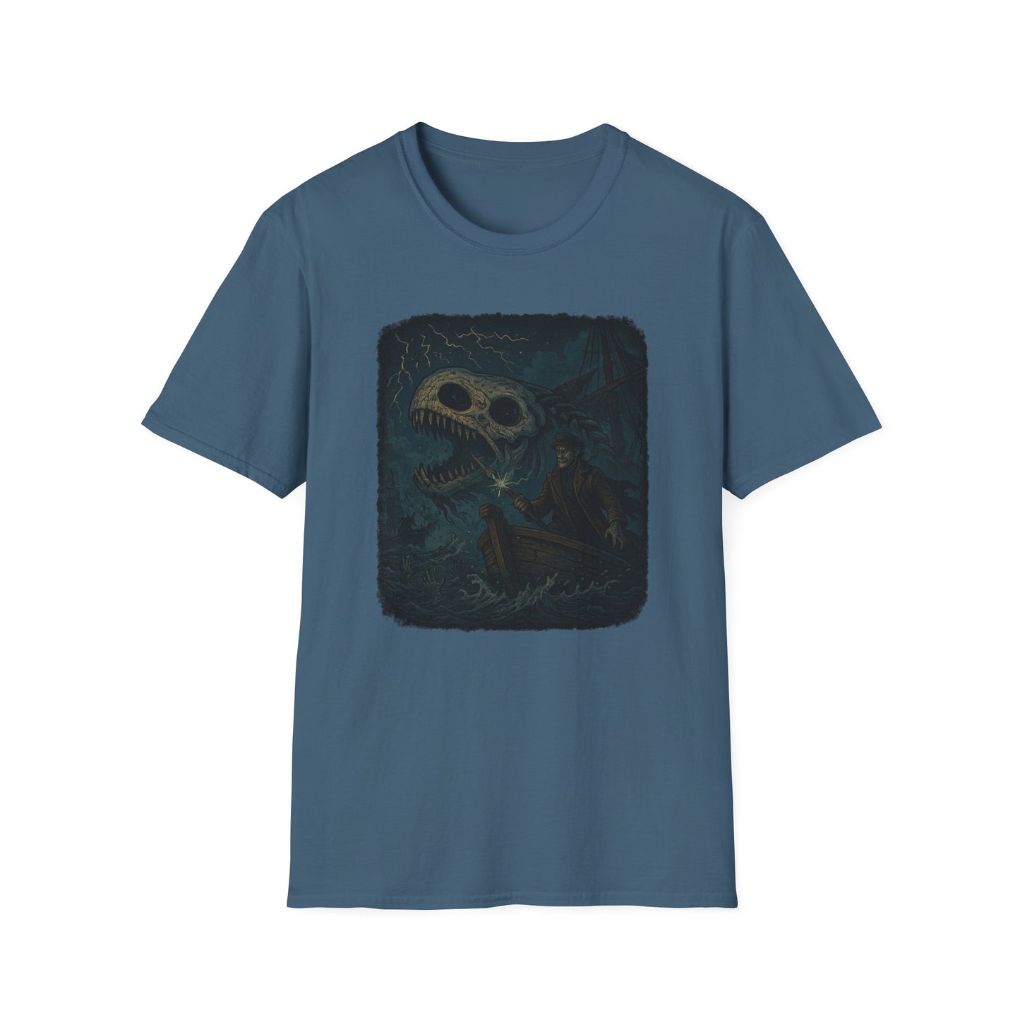 Printify Captain Ahab bone whale tee in blue featuring a dark graphic of a sailor and whale skeleton