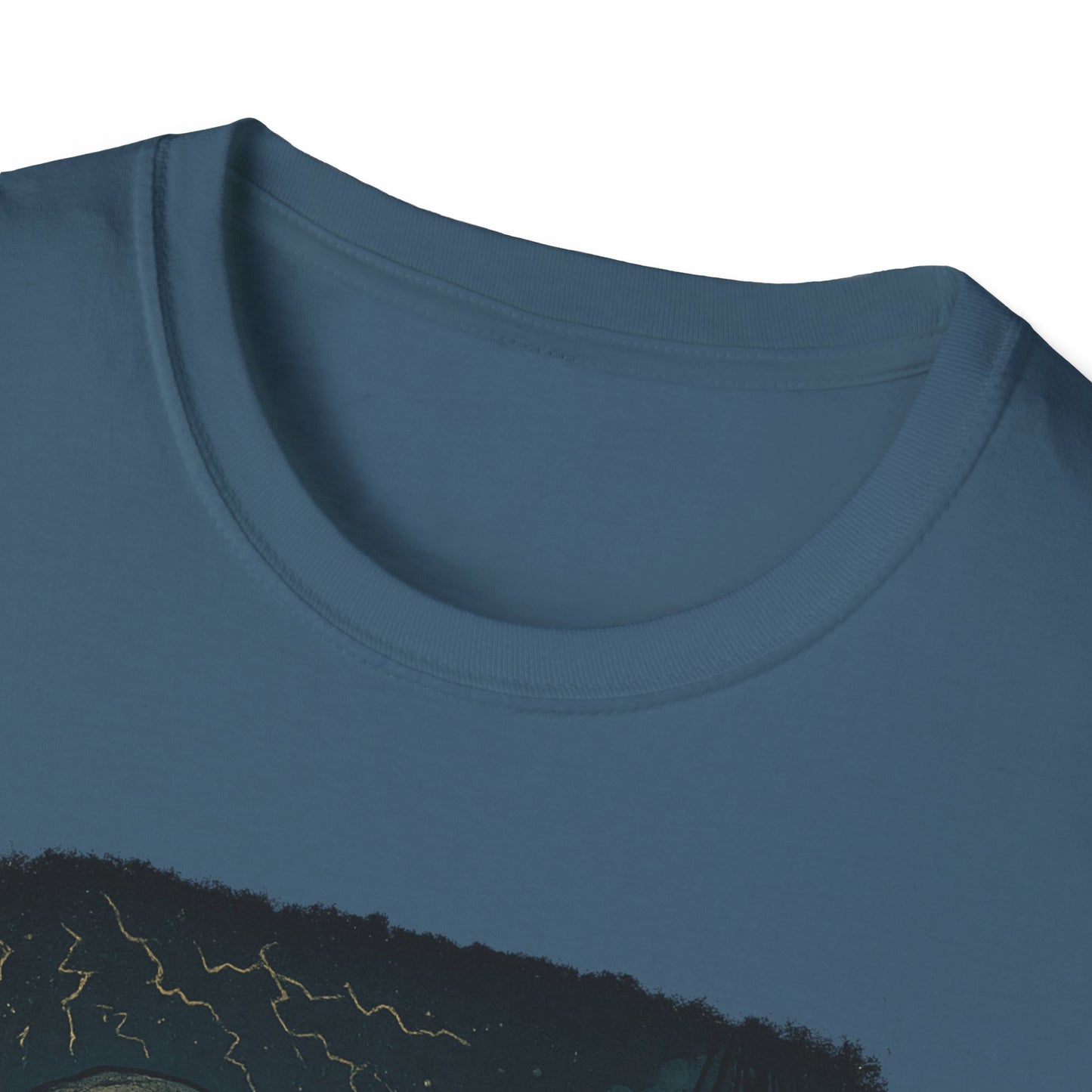 Close-up of blue Printify T-Shirt with Captain Ahab bone whale tee graphic design on fabric