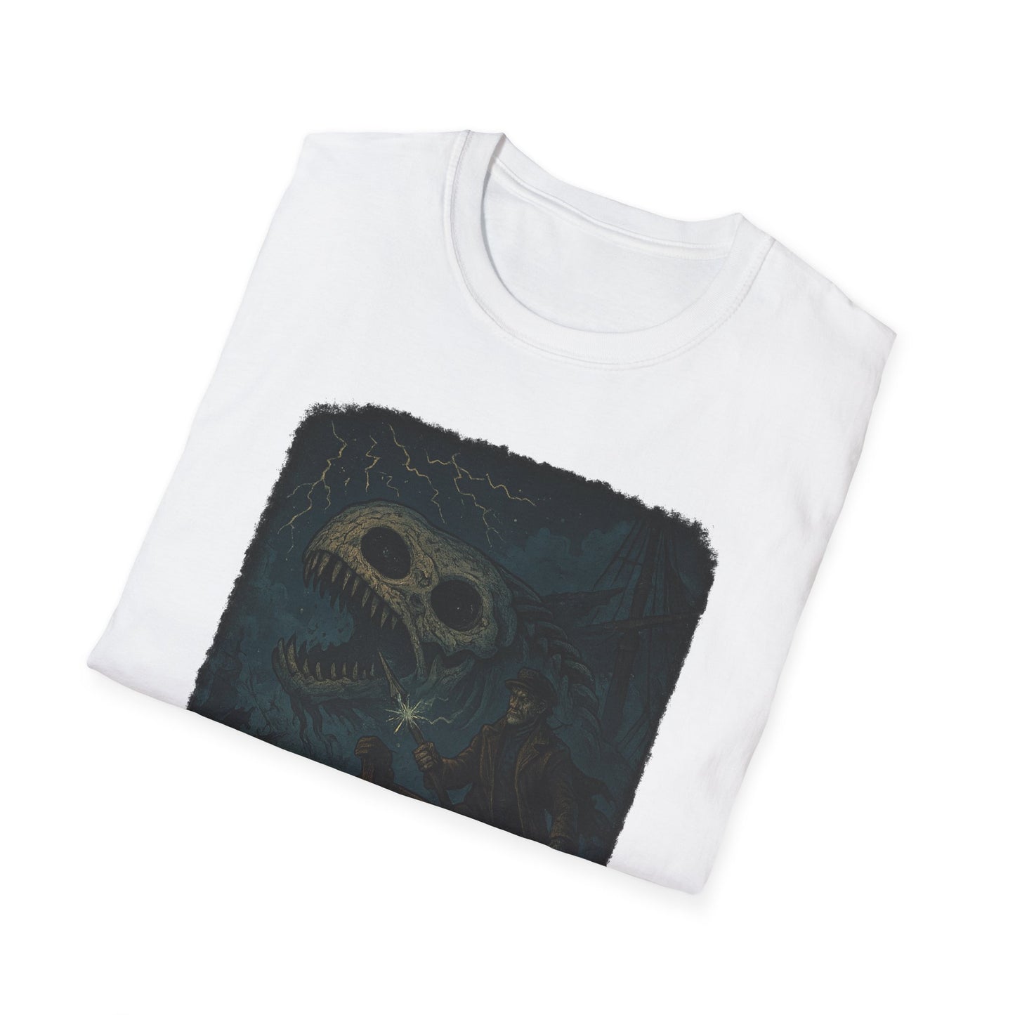 Printify white Captain Ahab bone whale tee featuring dark graphic of a whale skull and a man with a lantern