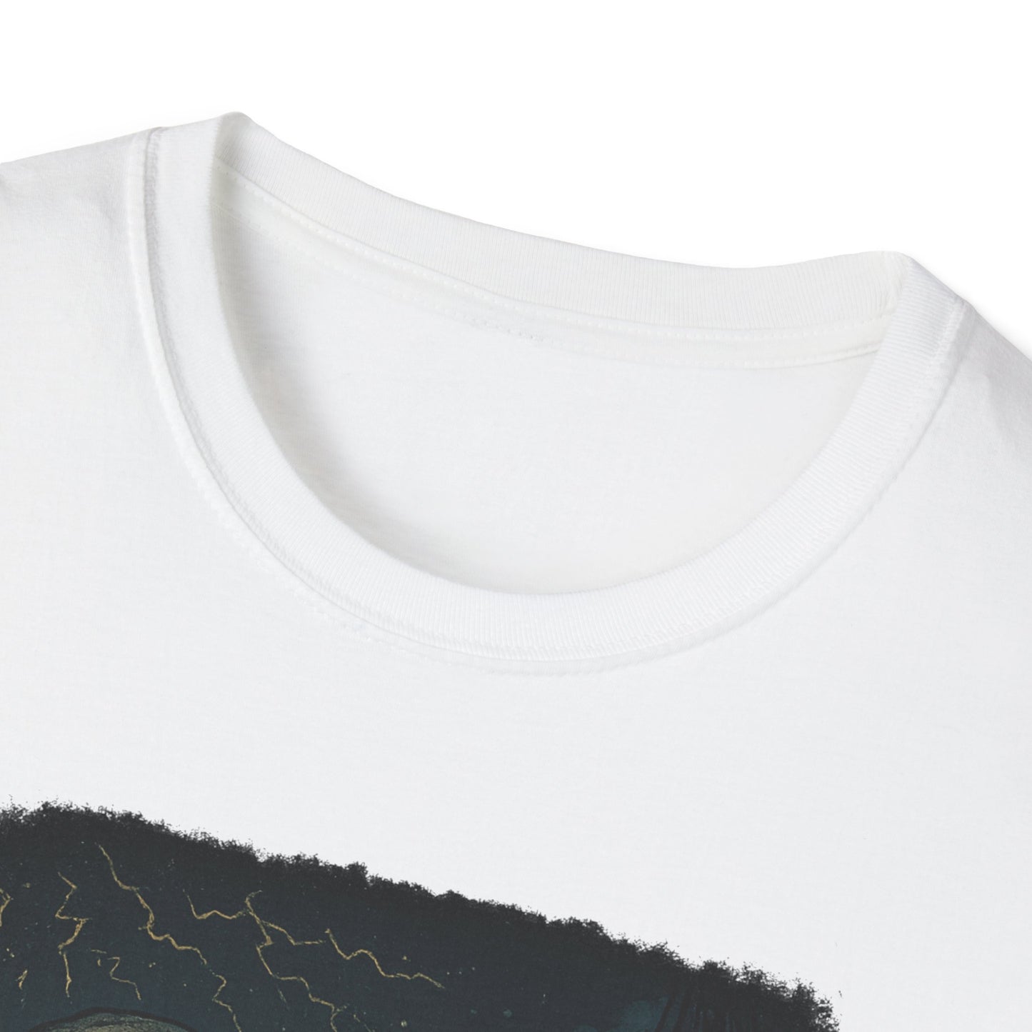 Close-up of white Printify Captain Ahab bone whale tee showing crew neck and part of graphic print