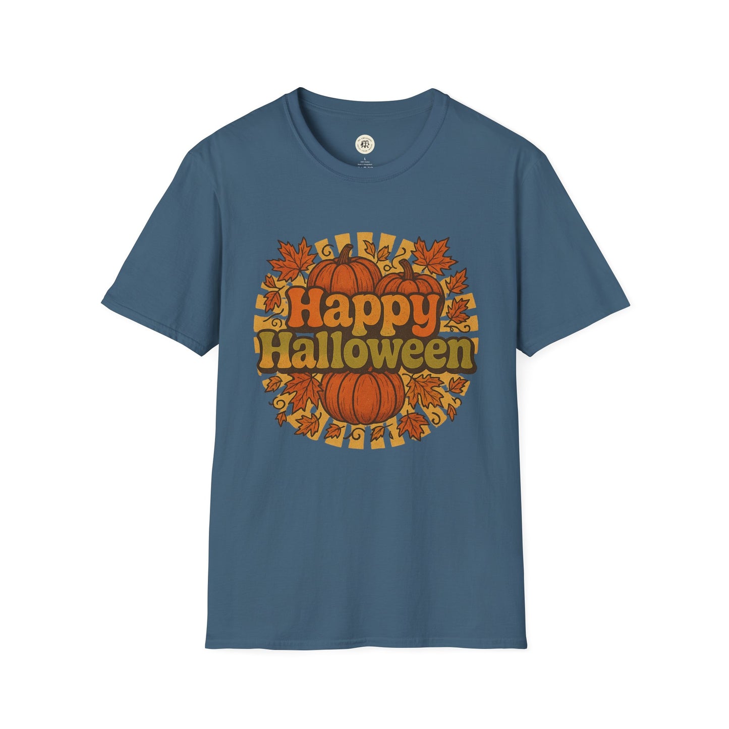 Blue happy halloween t-shirt with pumpkins and autumn leaves graphic design by Printify