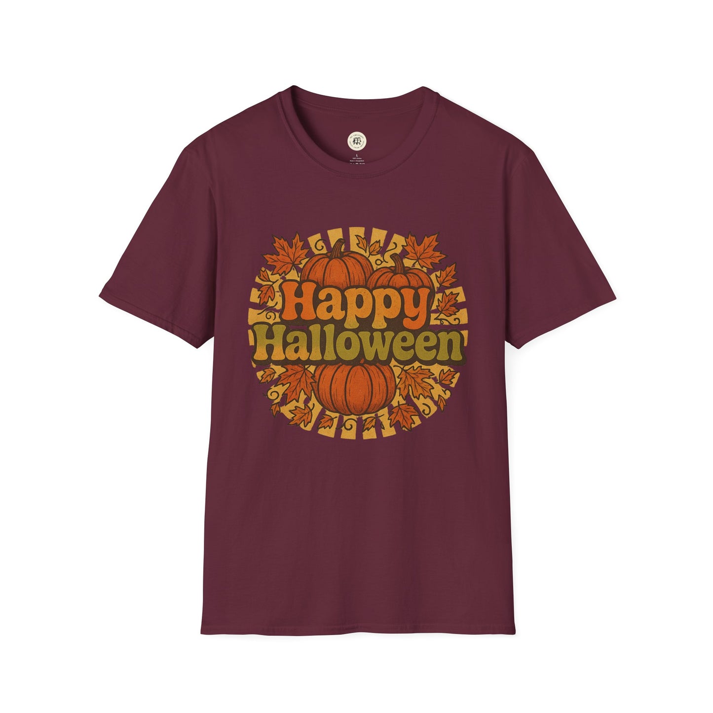 Maroon Printify happy halloween t-shirt with pumpkin and autumn leaves design