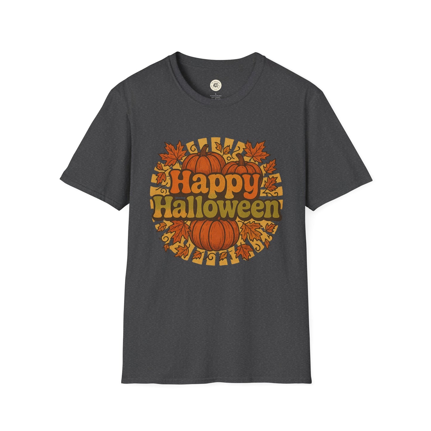 Printify happy halloween t-shirt with orange pumpkins and autumn leaves on gray fabric