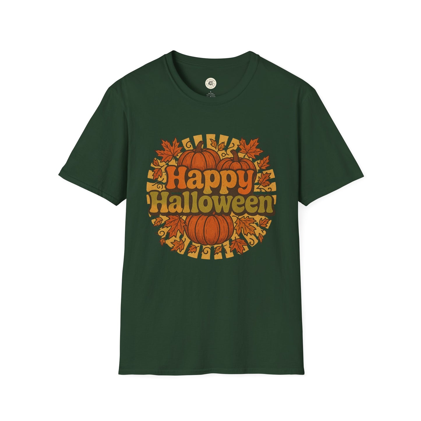 Printify happy halloween t-shirt in dark green with pumpkins and autumn leaves design